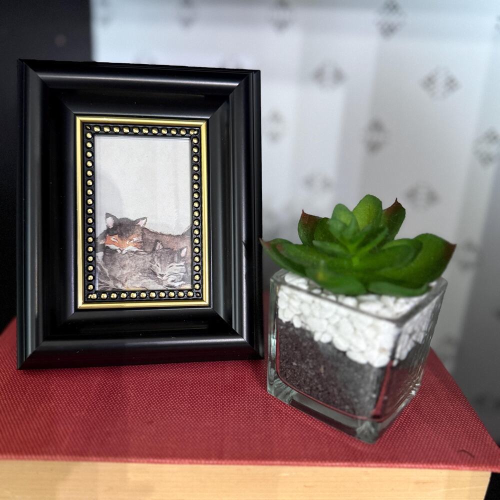 Vintage Framed Cat Art – Storybook Collage, Miniature Feline Illustration